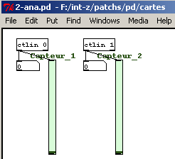 Patch Pure-Data pour module deux entrees analogiques Interface-Z. Télécharger le fichier 2-ana.pd